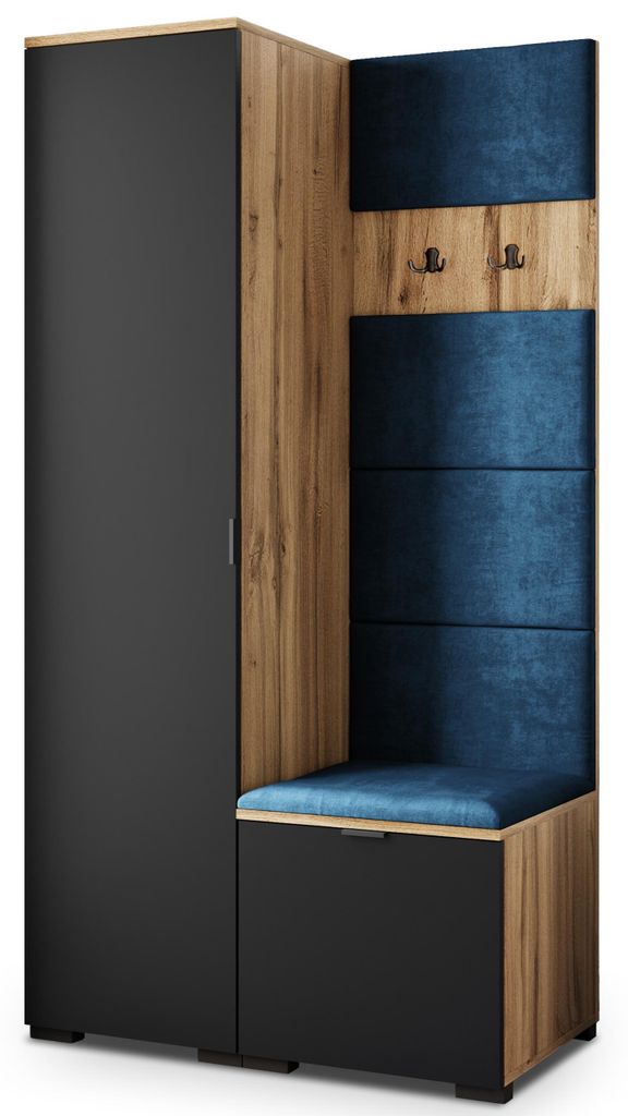 Masseno Garderobe-Set LORI 95/181/51 cm Modern Garderobenschrank Eiche Wotan, Veloursstoff MONOLITH 77 (Blau)