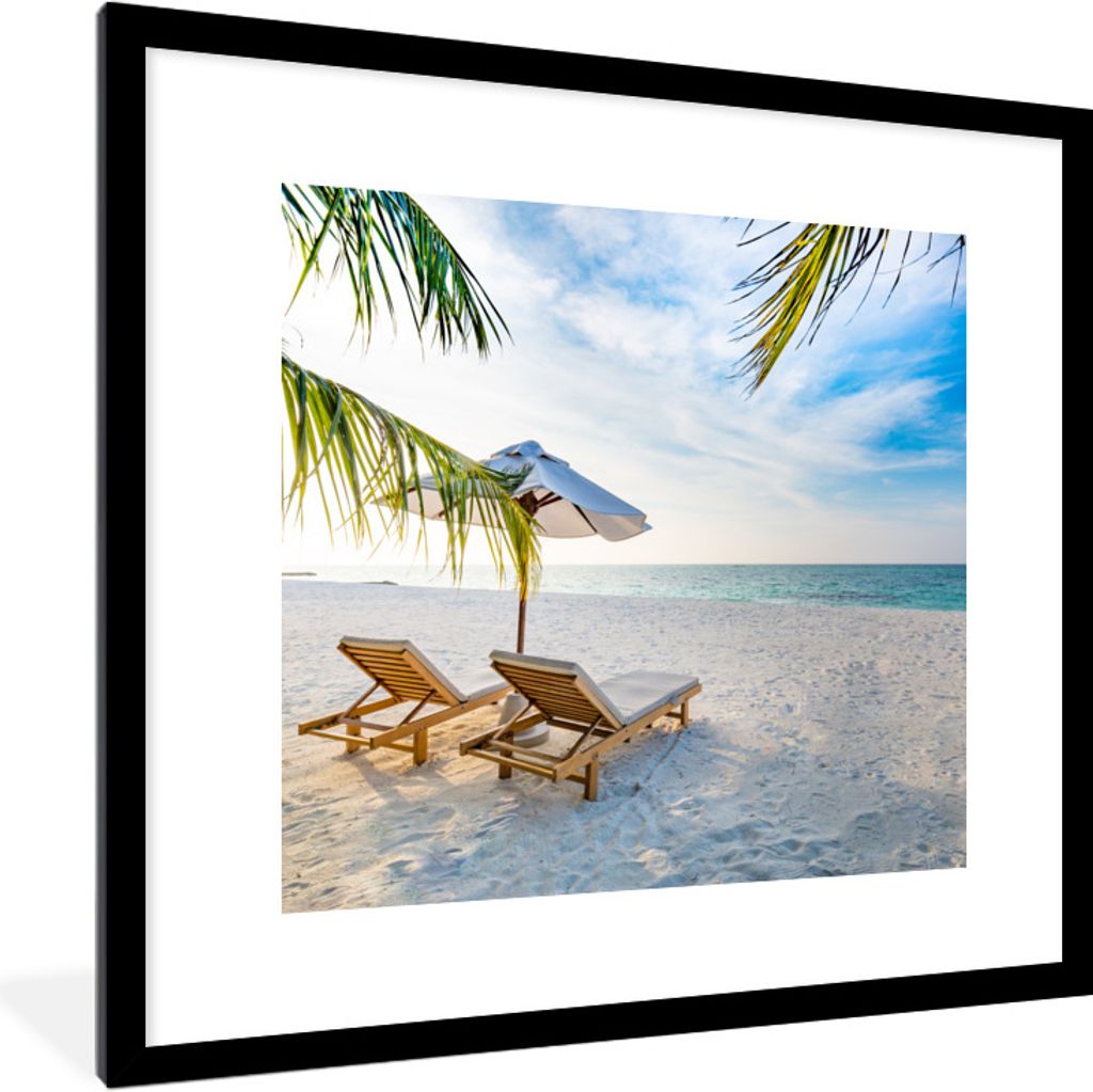 MuchoWow Gerahmtes Poster Strandkorb - Sonnenschirm - Sonnenuntergang 40x40 cm - Poster mit Schwarzem Bilderrahmen Wandposter Rahmen Foto Bilder ...