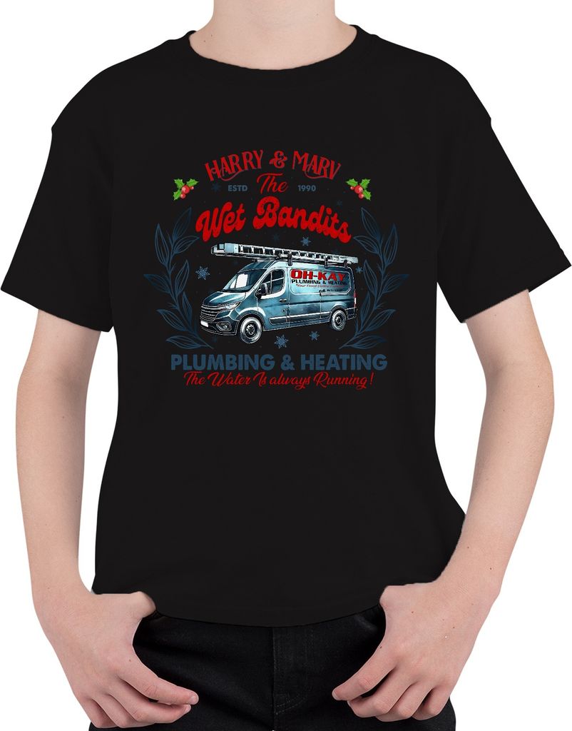 Harry & Marv Wet Bandits Plumbing Heating - Weihnachten Christmas Xmas Uni Kinder T-Shirt, Schwarz, 128