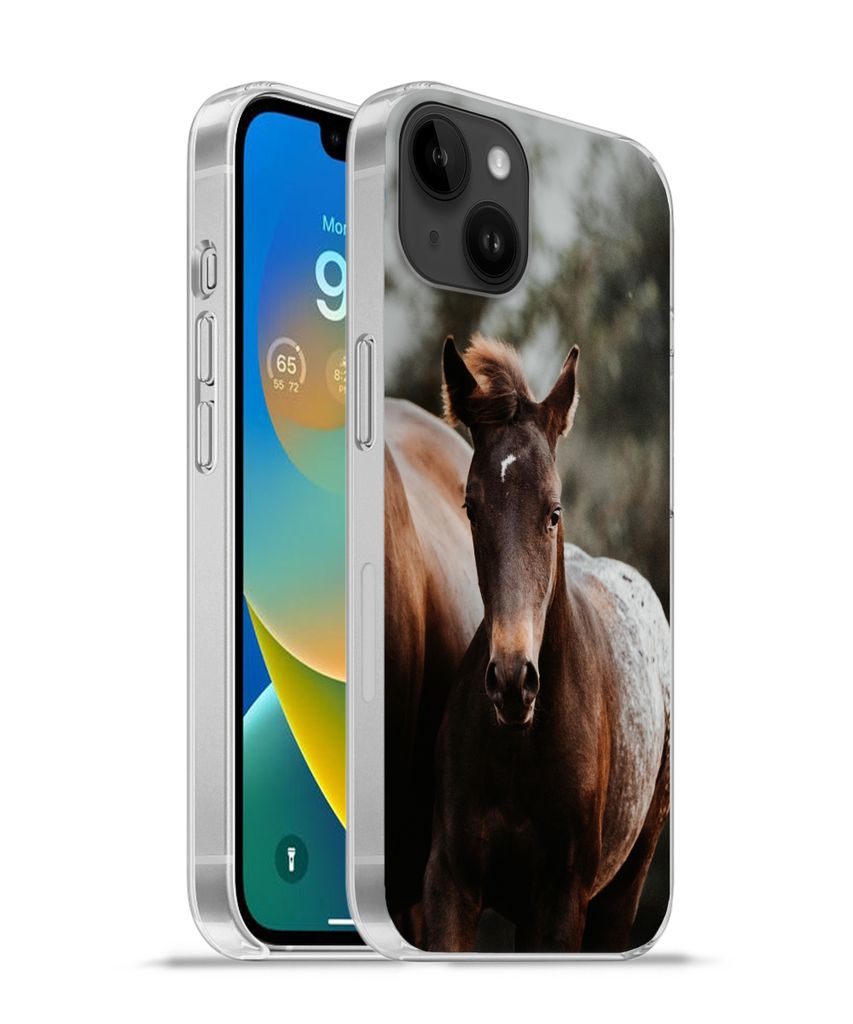 MuchoWow Handyhülle Schutzhülle Hülle für Apple iPhone 14 Plus - Soft case Pferde - Wald - Berge Silikon Softcase Handy Hülle - Abbildung
