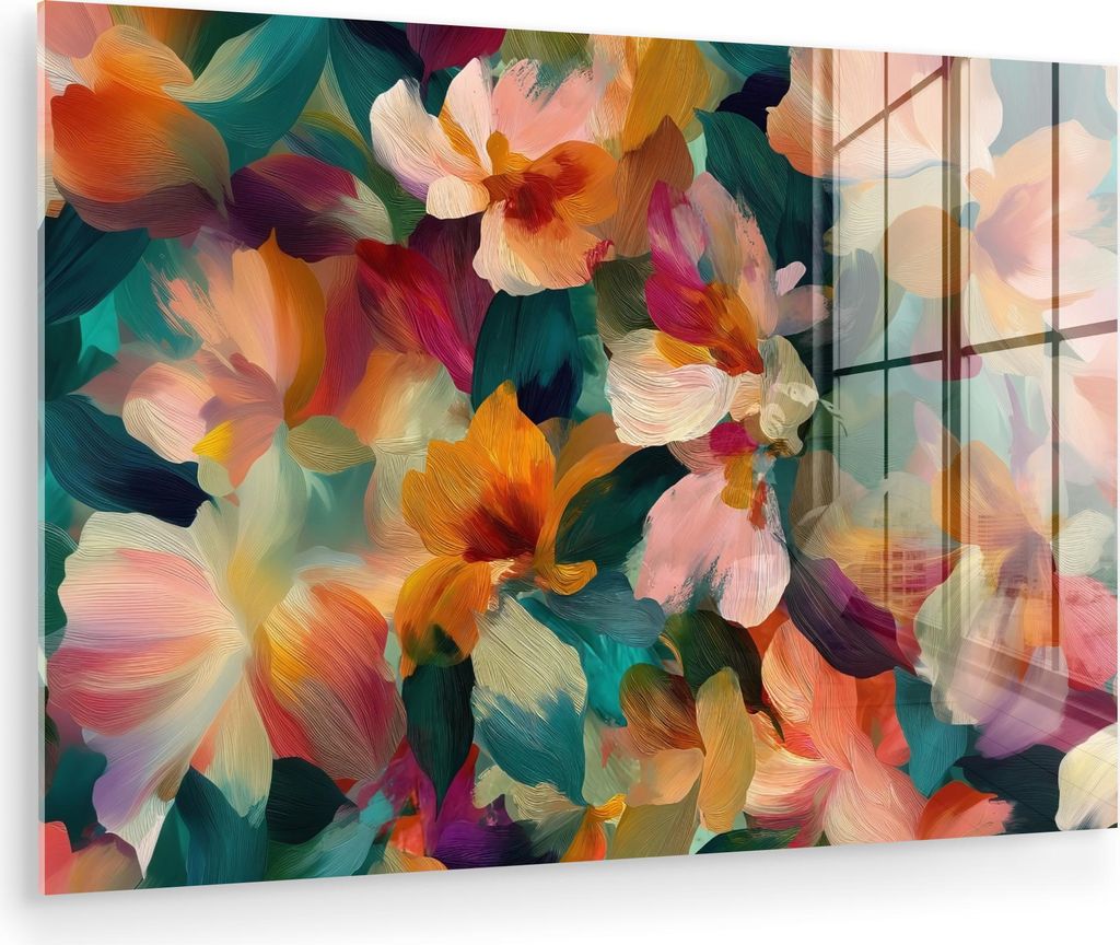 MuchoWow Glasbilder - Bilder auf Wandbild - Foto auf Glas Harmonisch - Abstrakte Blumen - Warme Töne 90x60 cm Wanddekoration aus Glas - Acrylglasb...