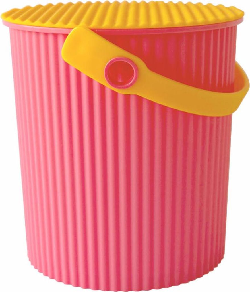 A pink bucket with a yellow lid and handle.