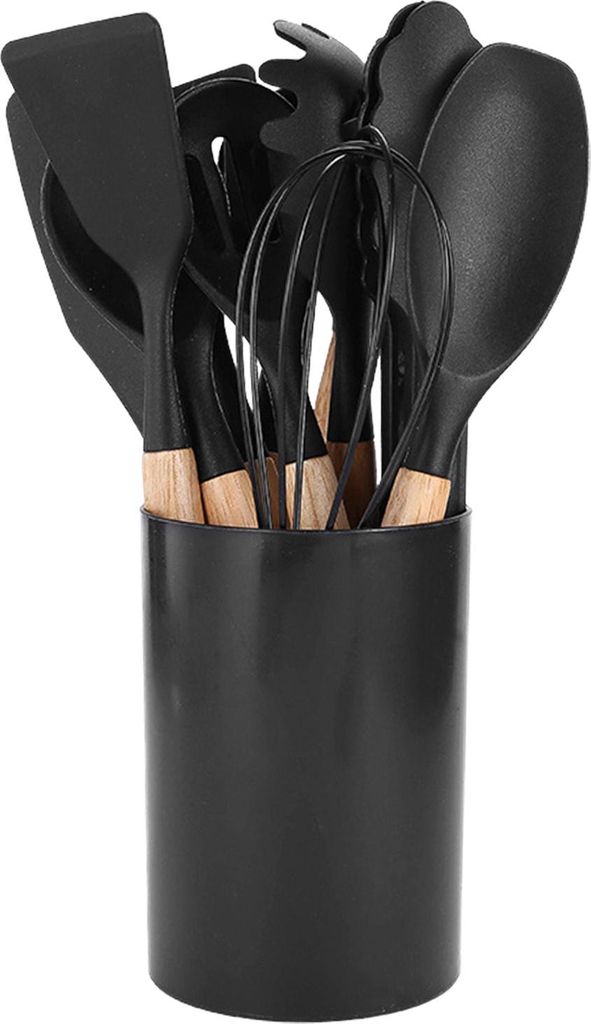 12-teiliges Silikon-Küchenhelfer-Set: Wender, Spatel, Löffel, antihaftbeschichtet, hitzebeständig, mit Holzgriffen, Aufbewahrungseimer für alle...