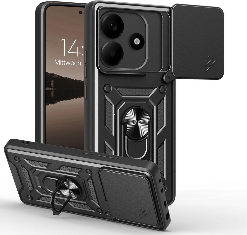 A black protective phone case with a sliding camera cover and a ring stand, shown from multiple angles.