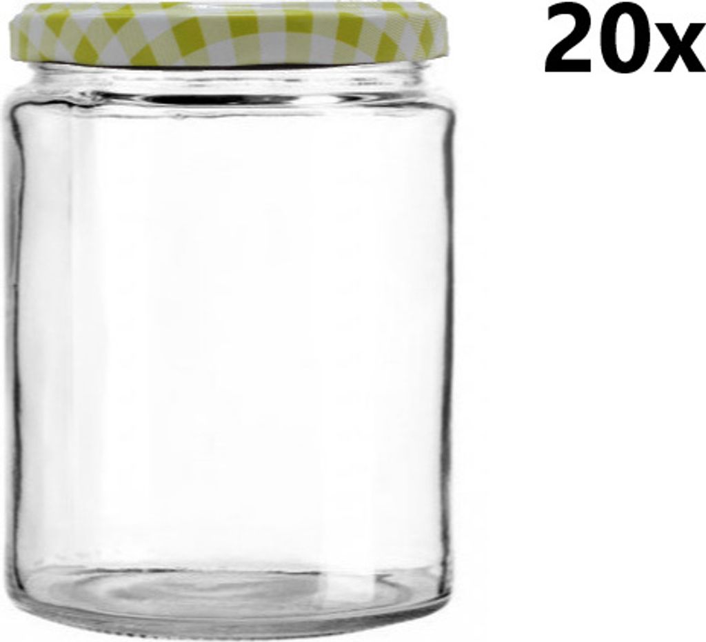 Einmachglas 540 ml ZYLINDER klar/transparent 20 Stück INKLUSIVE KARIERT HELLGRÜNEN DECKELN, Stück: 20