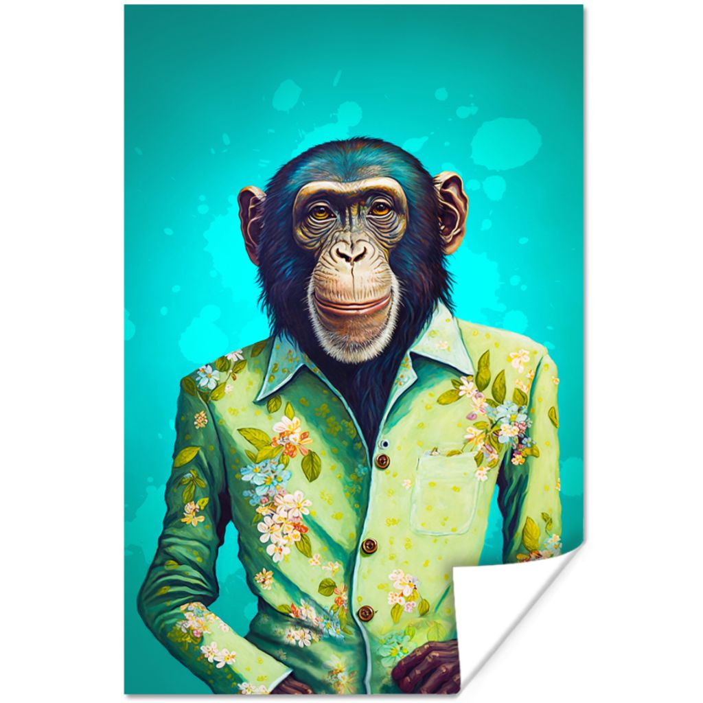 MuchoWow Poster Affe - Bluse - Blumen - Grün - Porträt 60x90 cm - Wanddekoration