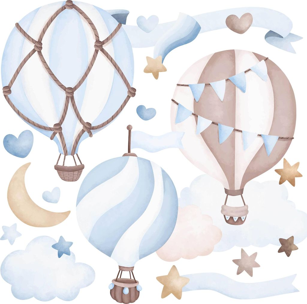 Muralo Wandsticker Set für Kinder blaue LUFTBALLONS Wolken Sterne 60x30 cm Wandaufkleber Set Boho Stil