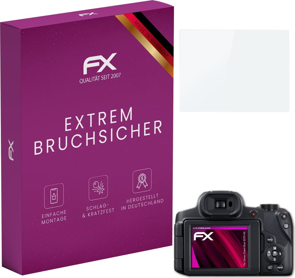 atFoliX FX-Hybrid-Glass Displayfolie kompatibel mit Canon PowerShot SX70 HS Glasfolie