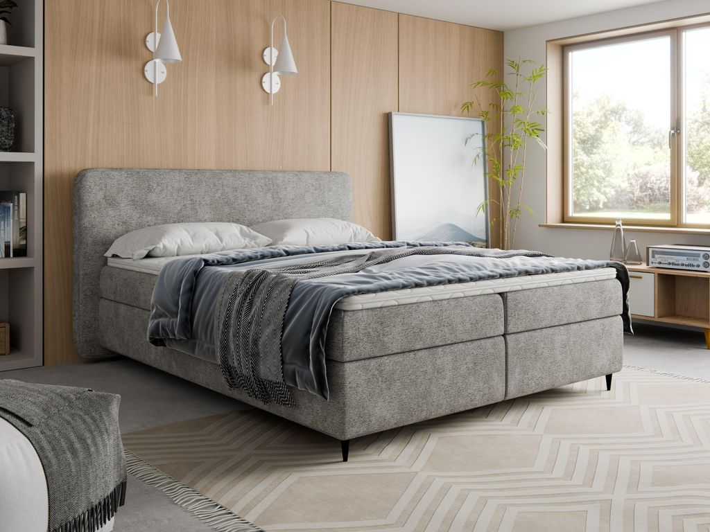 Boxspringbett 140x200 BOHO II Bouclé Grau inkl. Topper, 2 Matratzen & 2 Bettkästen | Hotelbett Polsterbett