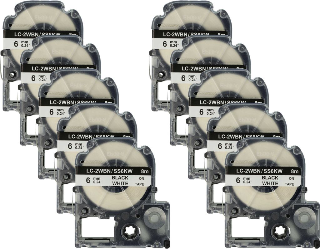 vhbw 10x Schriftband-Kassette kompatibel mit KingJim SR530, SR550, SR3900C, SR530C, SR3900P, SR6700D, SR40 Etiketten-Drucker 8m x 6mm Schwarz auf W...