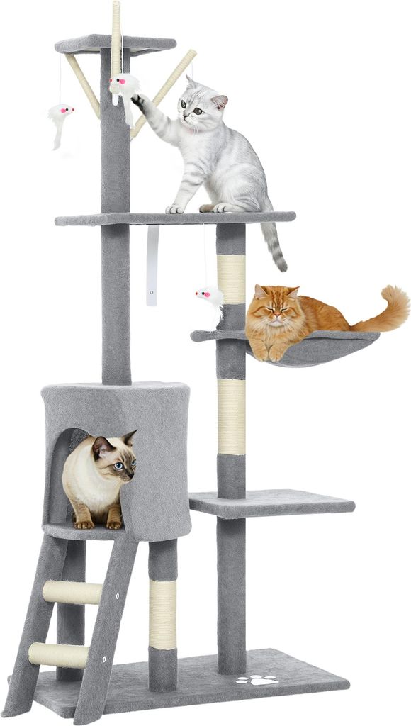 PawHut Kratzbaum 134 cm hoch Katzenbaum mit Höhle, 4 Spielzeuge Sisalstämme Grau
