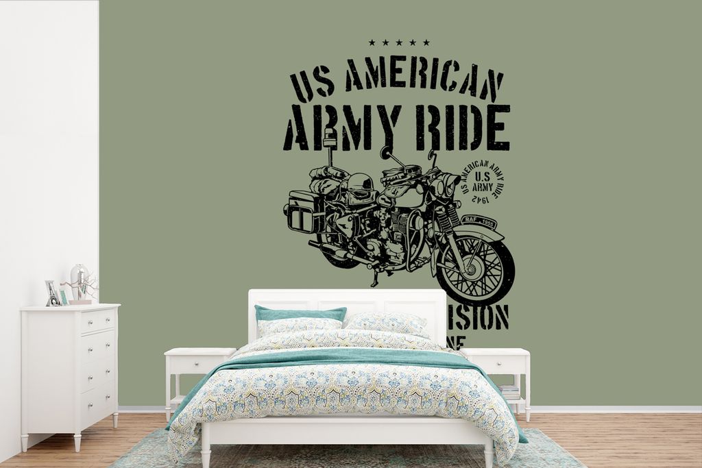 MuchoWow Fototapete für Wohnzimmer oder Schlafzimmer Wandtapete Vinyl Motivtapete Mancave - Motor - Grün - Vintage - 525x350 cm - Das Hintergru...