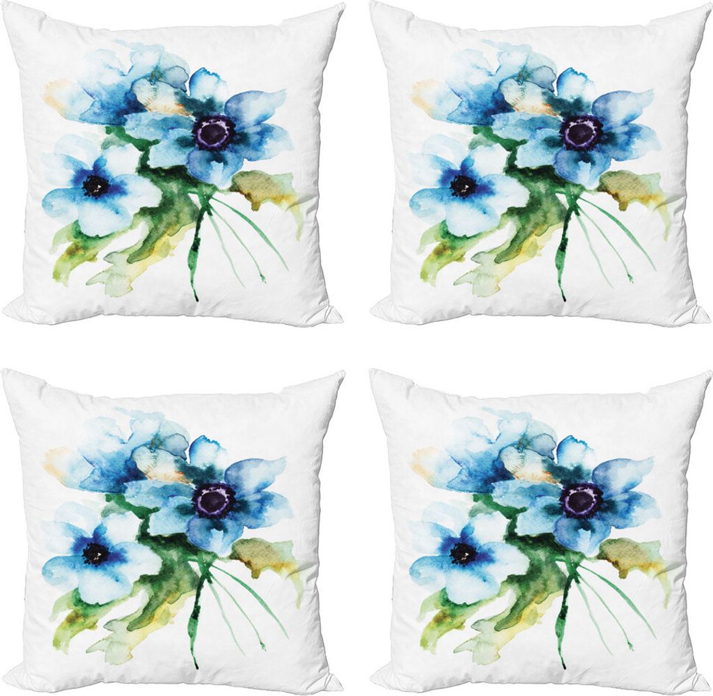 ABAKUHAUS Aquarell-Blumen Kissenbezug Set (4 Stück), Natur-Malerei, Moderner Doppelseitiger Digitaldruck, 50 cm x 50 cm, Teal Grün Weiß
