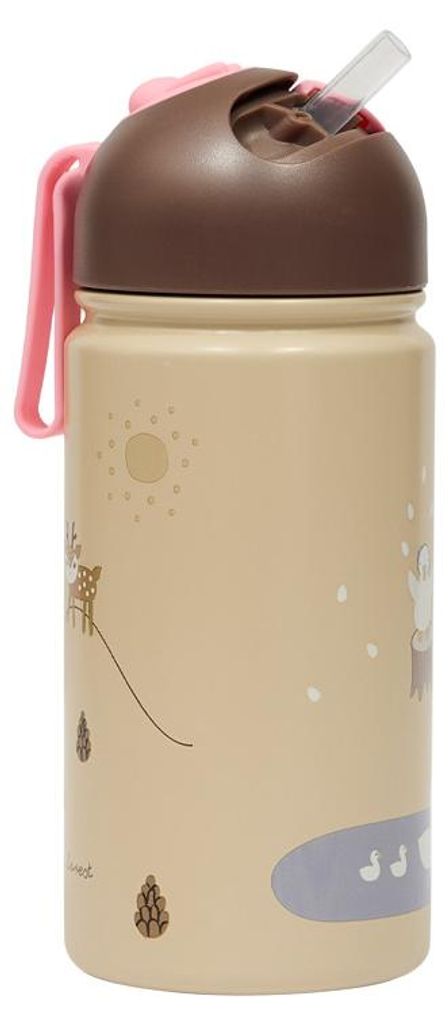 OYOY Mini Friends in the Forest Bottle 360 ml Thermoflasche Rose M107749 Kinder Trinkflasche mit Strohhalm Isolierflasche