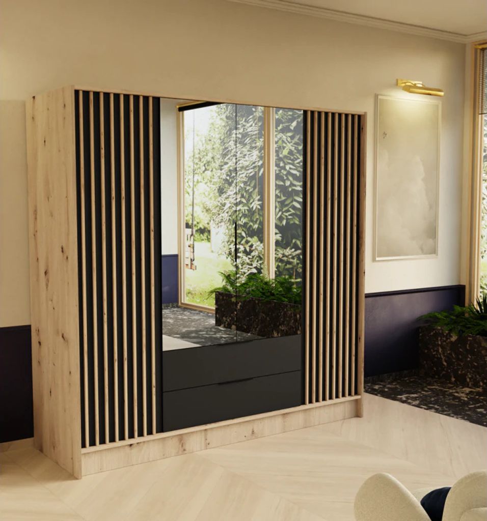 Drehtürenschrank ORE, 4-türig Kleiderschrank mit 2 Schubladen, und 2 Spiegel, Moderne Garderobe, Schrank Größe: 200 x 200 x 51 cm