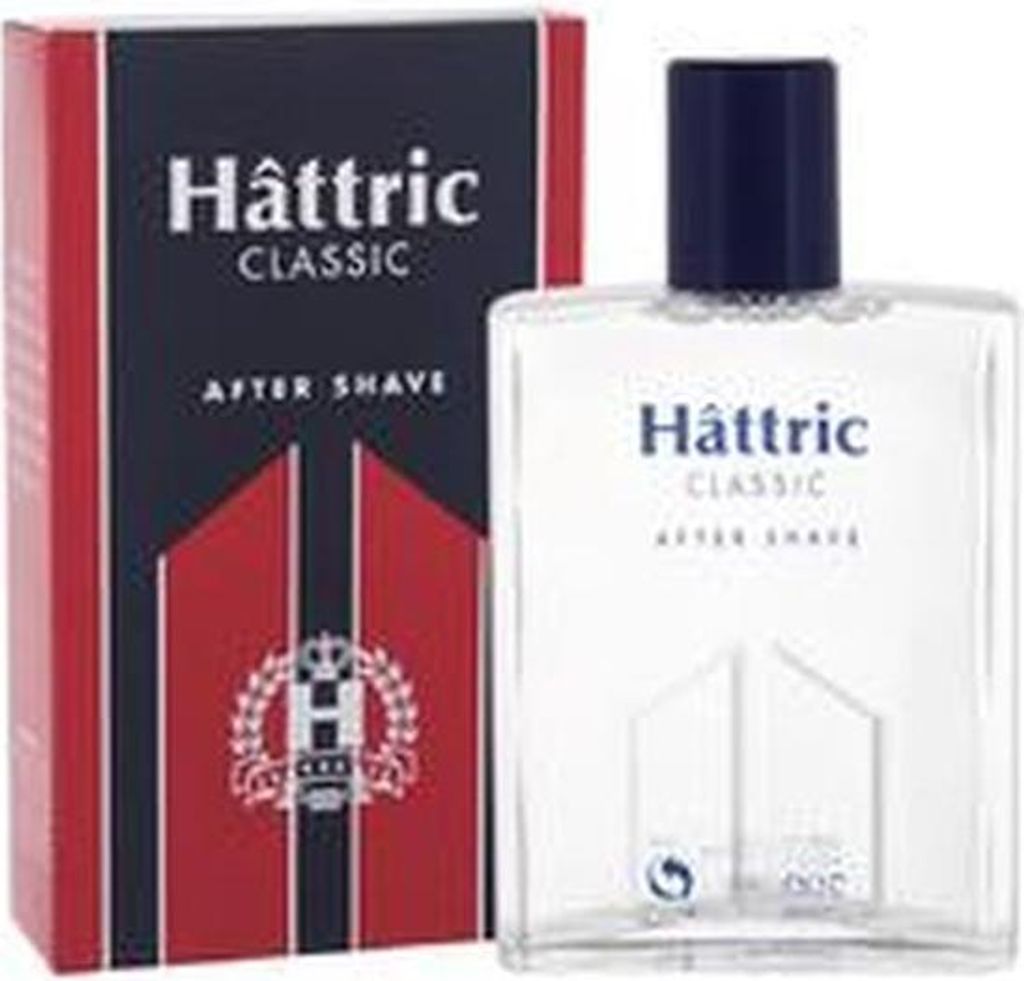 A box of Hattric Classic After Shave is shown next to the bottle.