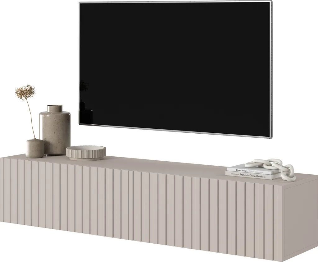 Buffet TV Mural 140 cm Taupe Telire avec Portes à Lamelles de Qualité