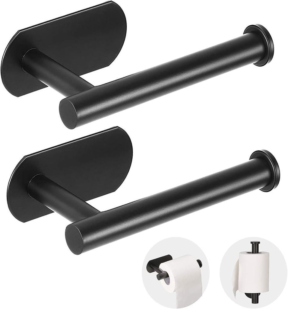 Toilettenpapierhalter ohne Bohren Edelstahl, Klopapierhalter Selbstklebend Schwarz Silber, Rollenhalter, Papierrollenhalter Rostfrei, Bad WC, 2er set