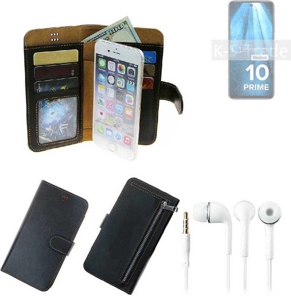 TOP SET Handy Hülle Schutz Hülle kompatibel mit Xiaomi Redmi 10 Prime schwarz aus Kunstleder + Kopfhörer Smartphone Tasche vollwertige Geldbörse