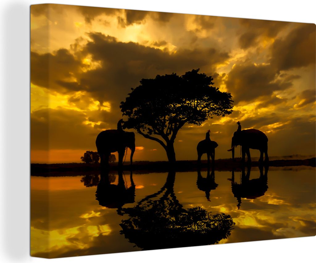OneMillionCanvasses - Leinwandbilder - 140x90 cm, Silhouette der thailändischen Elefanten bei Sonnenaufgang, Wandbilder Kunstdruck Wanddekoratio...