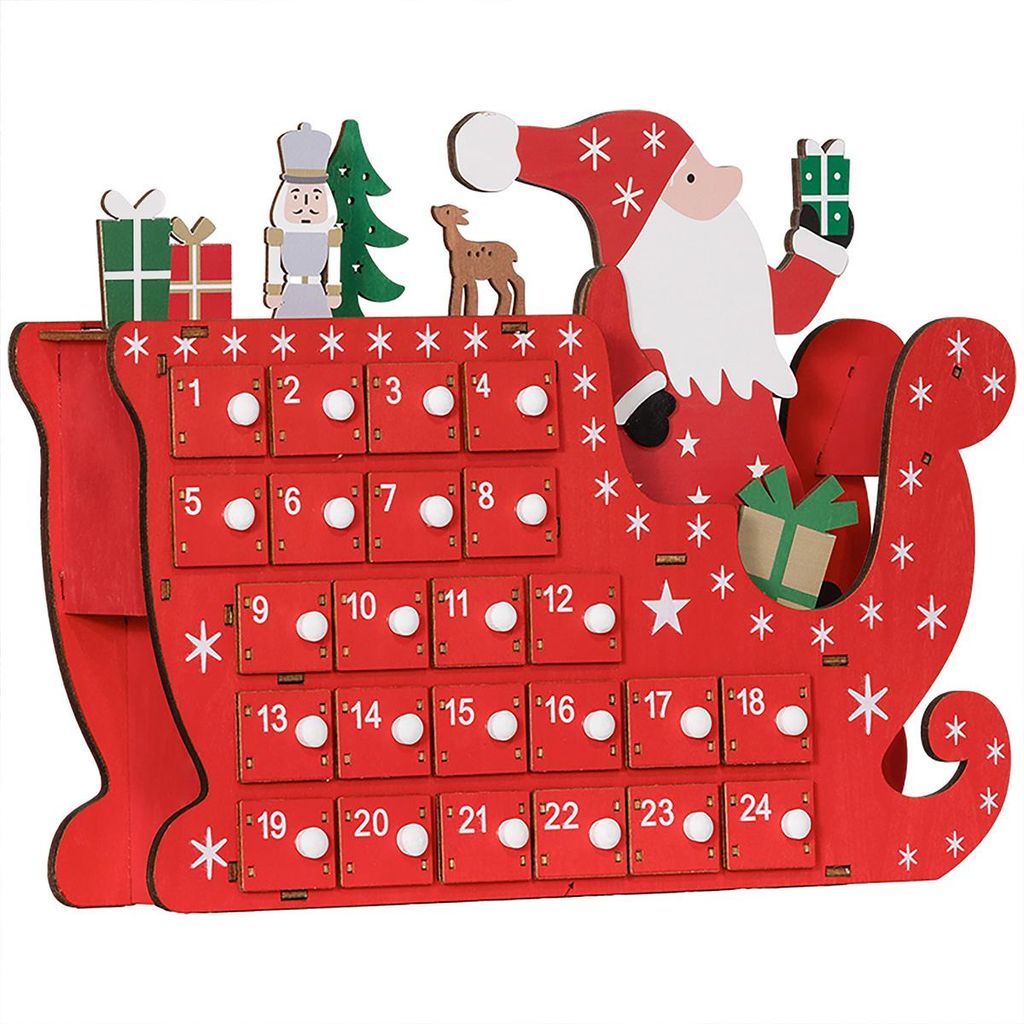 Weihnachtskalender mit 24 Schubladen Weihnachtsmann mit Schlitten Adventskalender 22,5 x 8 x 36 cm Rot