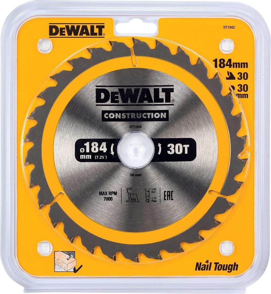 Dewalt DT1942-QZ Kreissägeblatt 184 x 30 mm, 30 Zähne, genageltes Holz