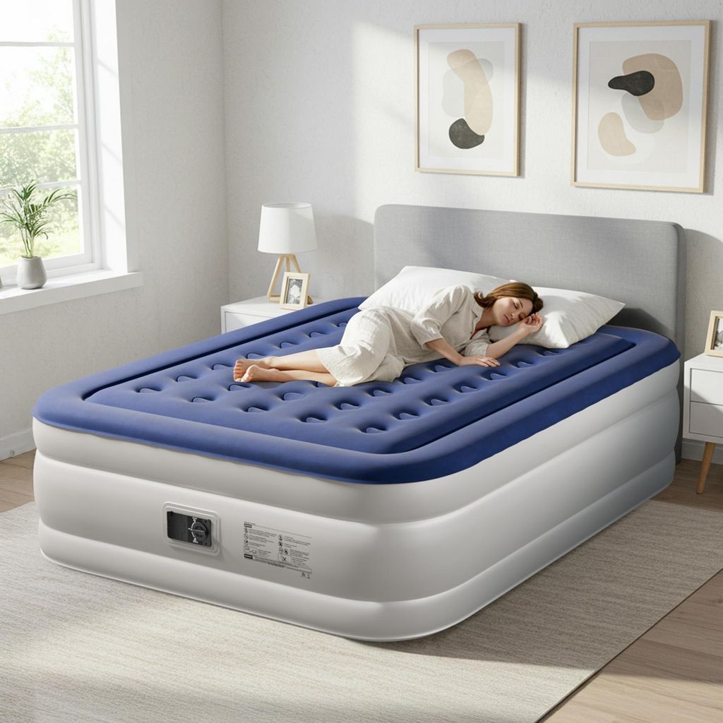 A woman is sleeping on an inflatable mattress in a bedroom.