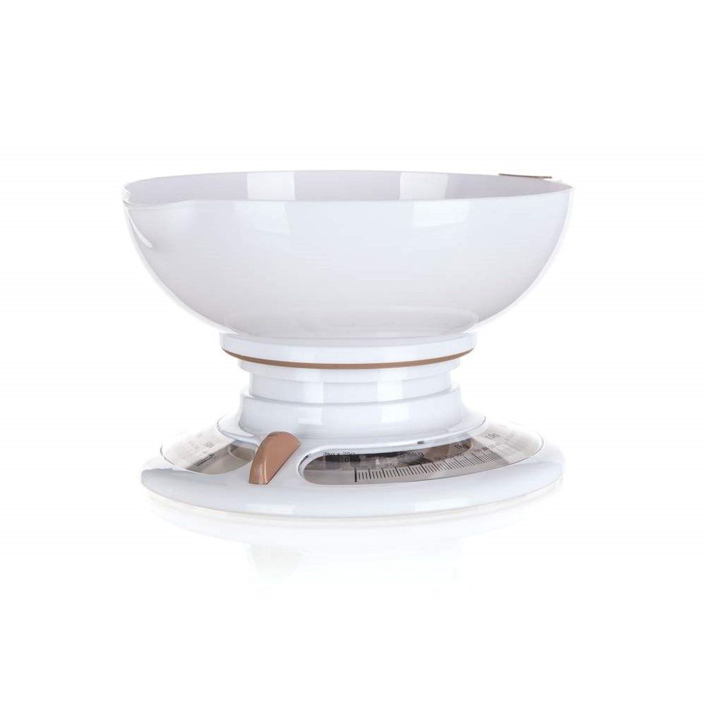 A white mechanical kitchen scale with a brown accent.