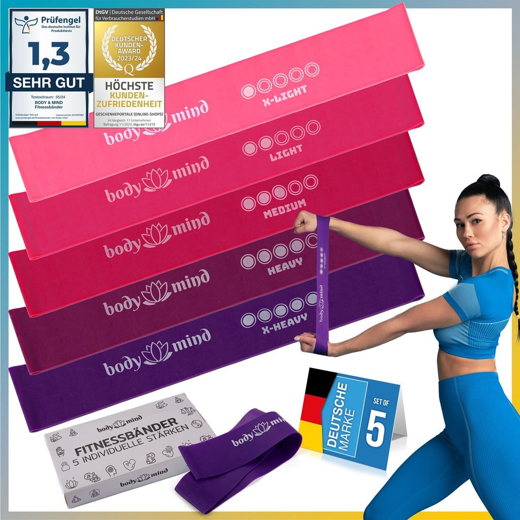 A woman is demonstrating the use of fitness resistance bands, with multiple bands and packaging shown.