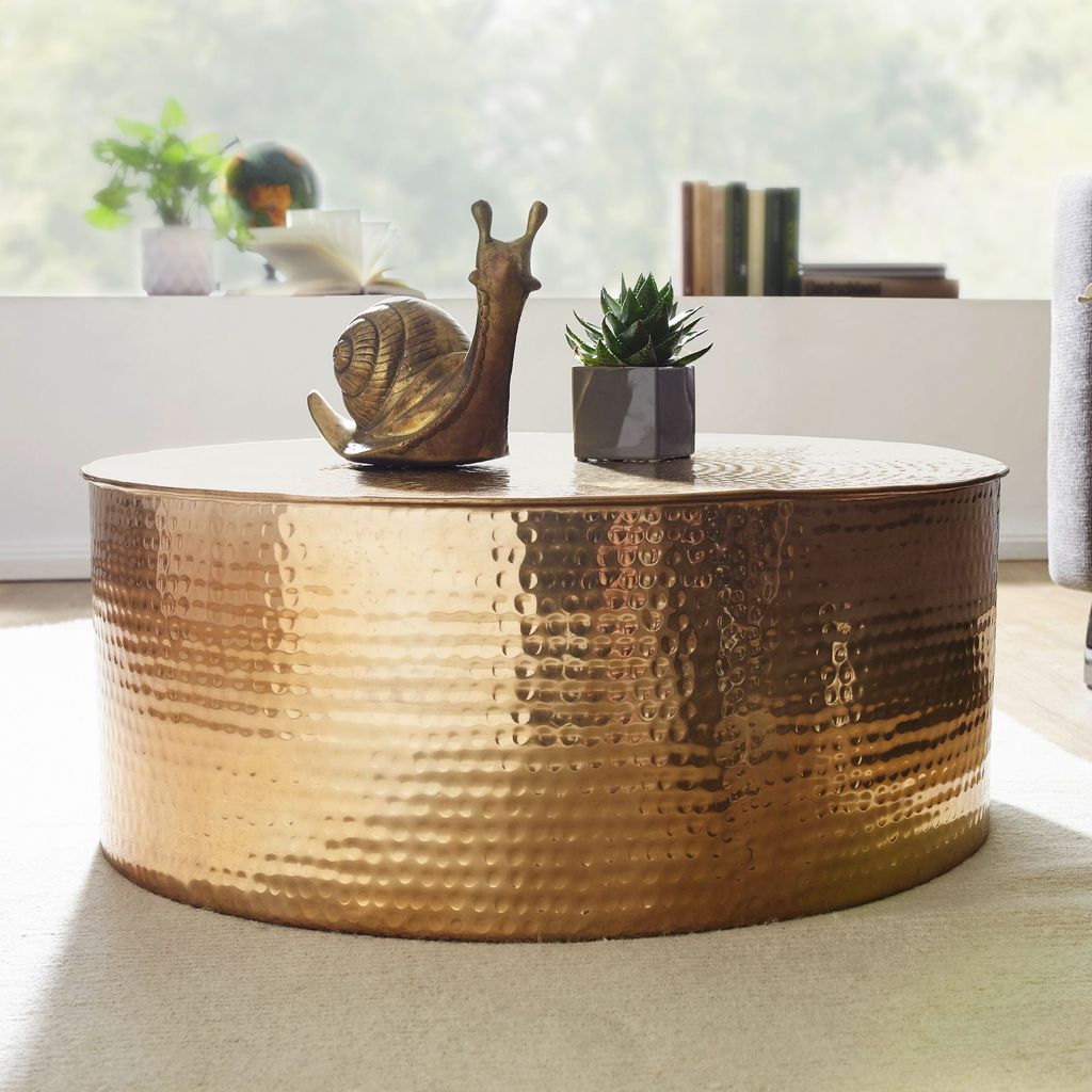 Couchtisch 75x31x75 cm Aluminium Beistelltisch Gold Orientalisch Rund, Flacher Hammerschlag Sofatisch Metall, Design Wohnzimmertisch Modern, Lounge...