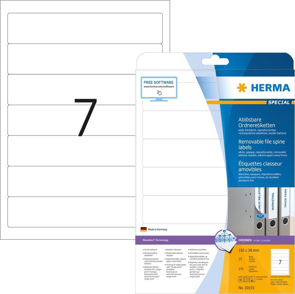 Ordneretiketten Movables/ablösbar 192x38mm Special A4 VE=32x175 weiß