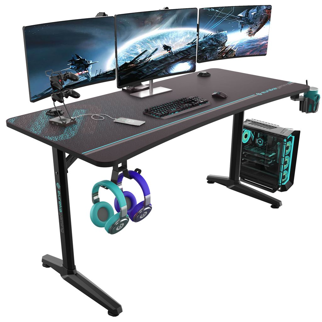 EUREKA ERGONOMIC Gamingtisch 152×70cm Gaming Schreibtisch Großer Computertisch Ergonomischer PC Tisch mit Kopfhörerhaken und Getränkehalter
