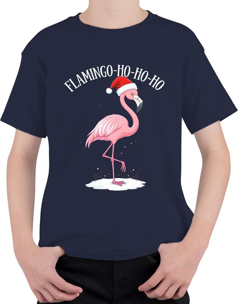 FLAMINGO-HO-HO-HO Weihnachtsflamingo Weihnachten Lustig Geschenk Uni Kinder T-Shirt, Navy, 140