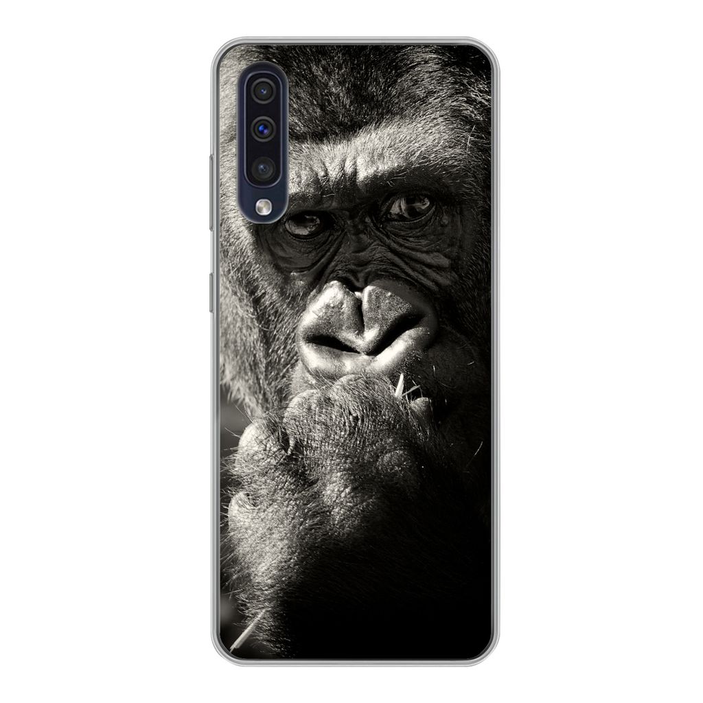 MuchoWow Handyhülle Schutzhülle Hülle für Samsung Galaxy A30s Gorilla auf schwarzem Hintergrund in Schwarz und Weiß Silikon Softcase Handy H...