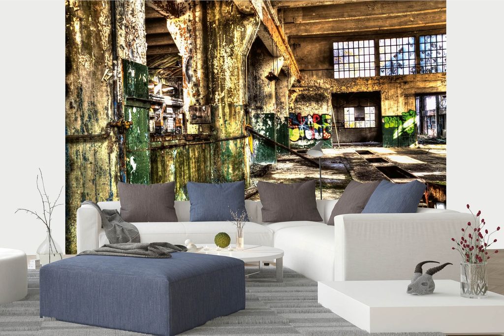 Vlies Fototapete VERLASSENE FABRIK 375 x 250 cm (inkl. Kleister) - Vlies Tapete, Wandtapete, Wandbilder - Tapete für Wohnzimmer Schlafzimmer, Bür...