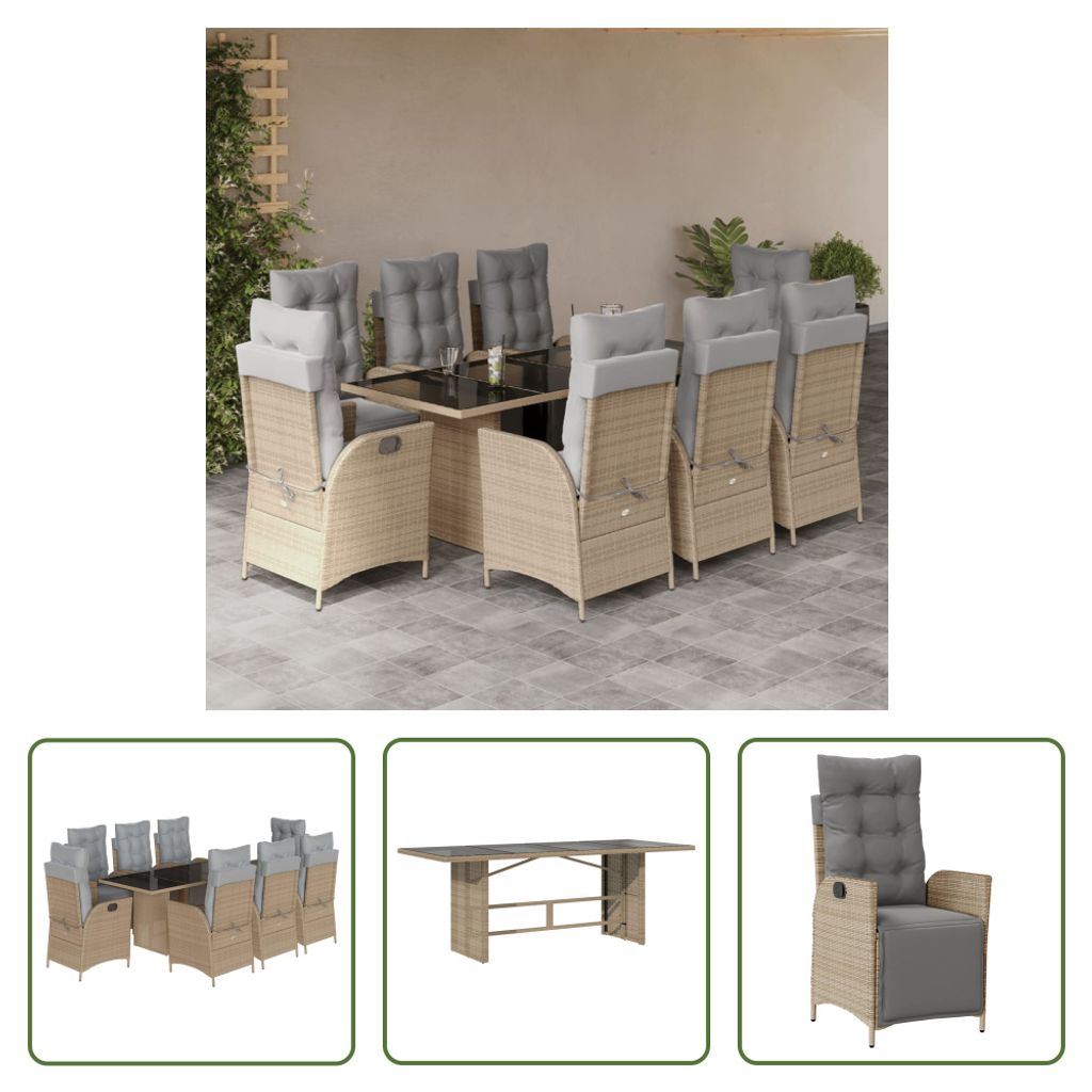 The Living Store 9-tlg. Garten-Essgruppe mit Kissen Beigemischung Poly Rattan