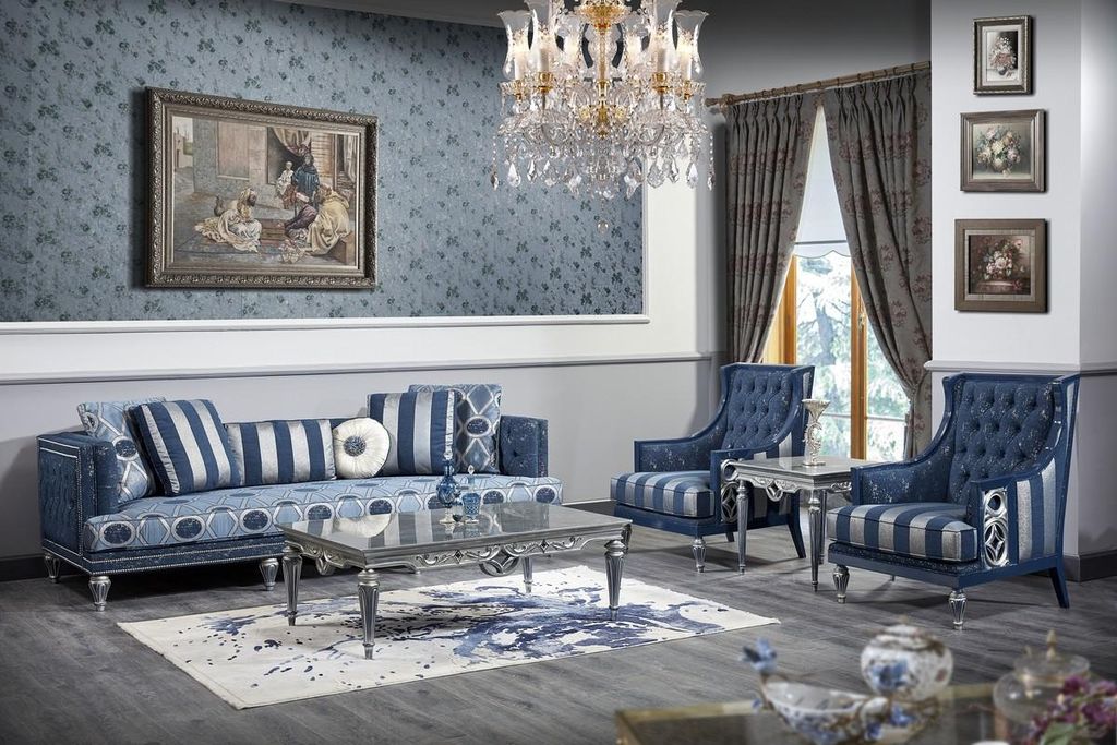 Casa Padrino Luxus Barock Wohnzimmer Set Dunkelblau / Hellblau / Silber - Sofa & 2 Sessel & Couchtisch - Barock Wohnzimmermöbel
