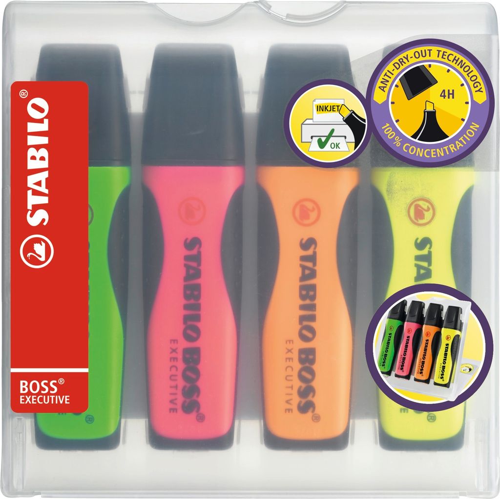 Premium-Textmarker - STABILO BOSS EXECUTIVE - 4er Pack - grün, pink, orange, gelb