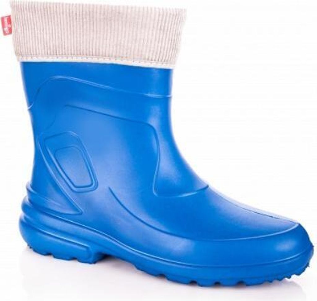 A single blue rubber boot with a beige knitted cuff is shown against a white background.