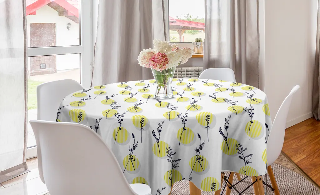 Tovaglia Circolare 150 cm Fiori Botanici Giallo e Grigio - Abakuhaus