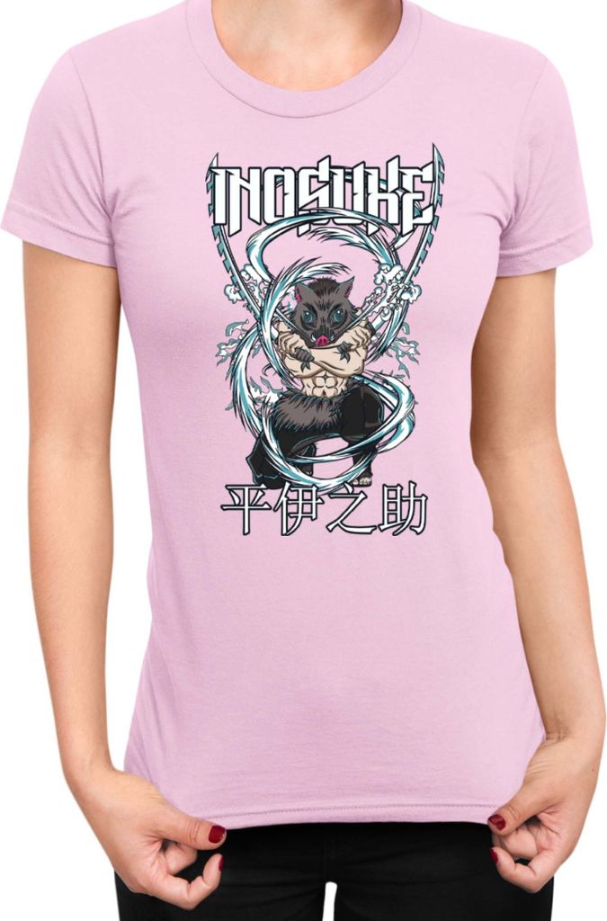 Damen T-Shirt Demon Anime Slayer Kimetsu No Yaiba Inosuke Hashibara 003, Lady XL / Hellrosa
