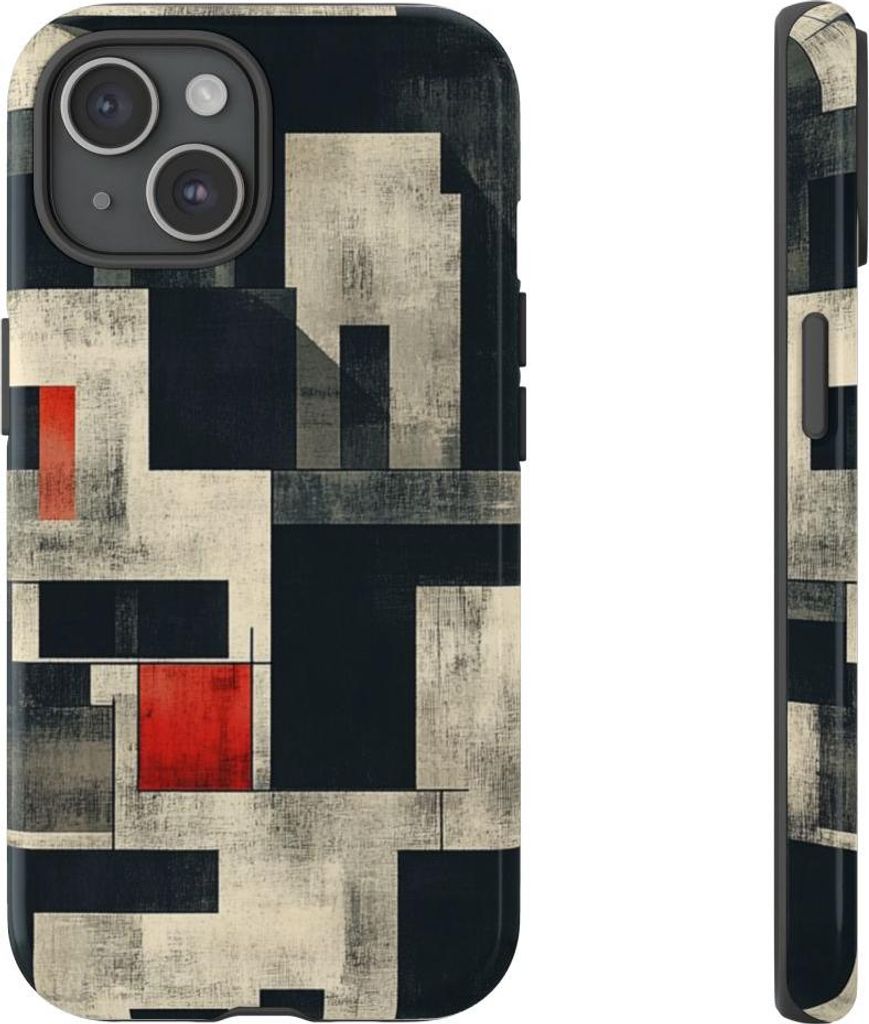 Abstraktes geometrisches Muster mit roten Akzenten – Hülle Kompatibel mit iPhone 15