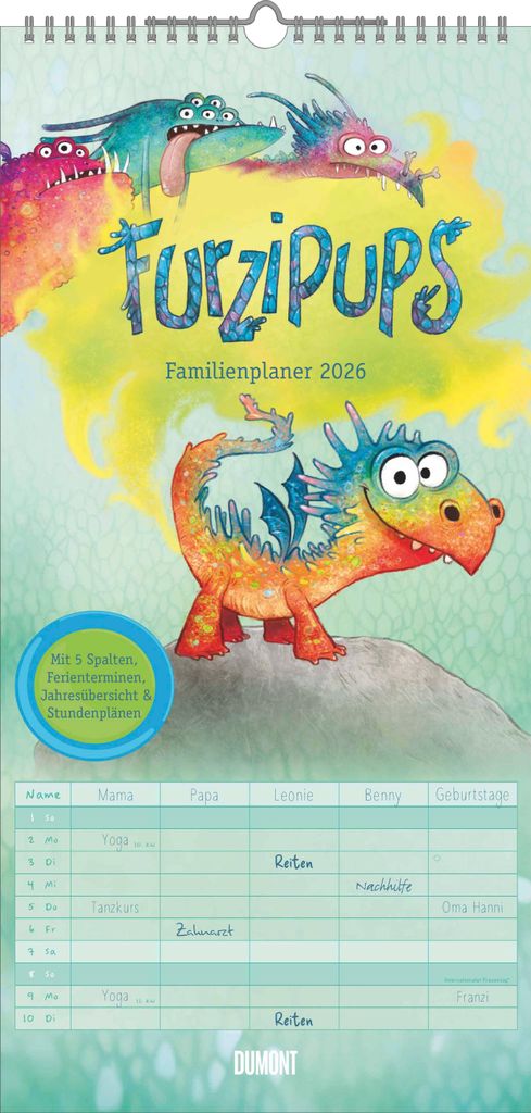 DUMONT - Familienplaner Furzipups der Knatterdrache 2026 - 22x45 cm - Wandkalender mit 5 Spalten & lustigen Illustrationen, Familienkalender für K...