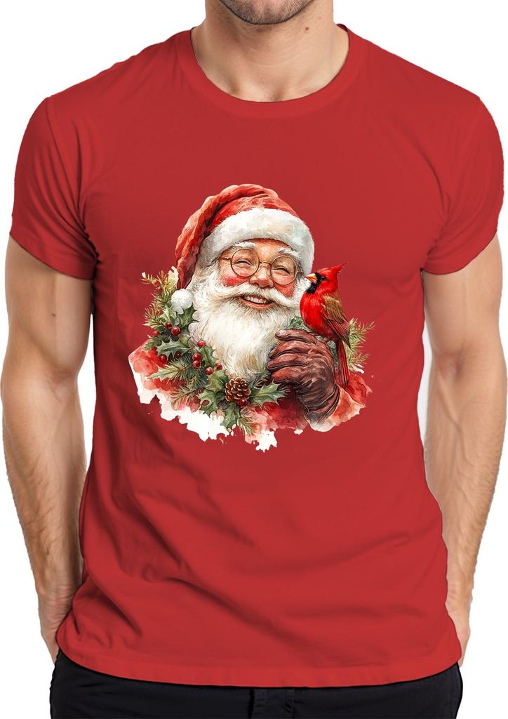 Weihnachtsmann Kardinal Vogel Stechpalme Kiefernzapfen Aquarell Herren T-Shirt, Rot, XL