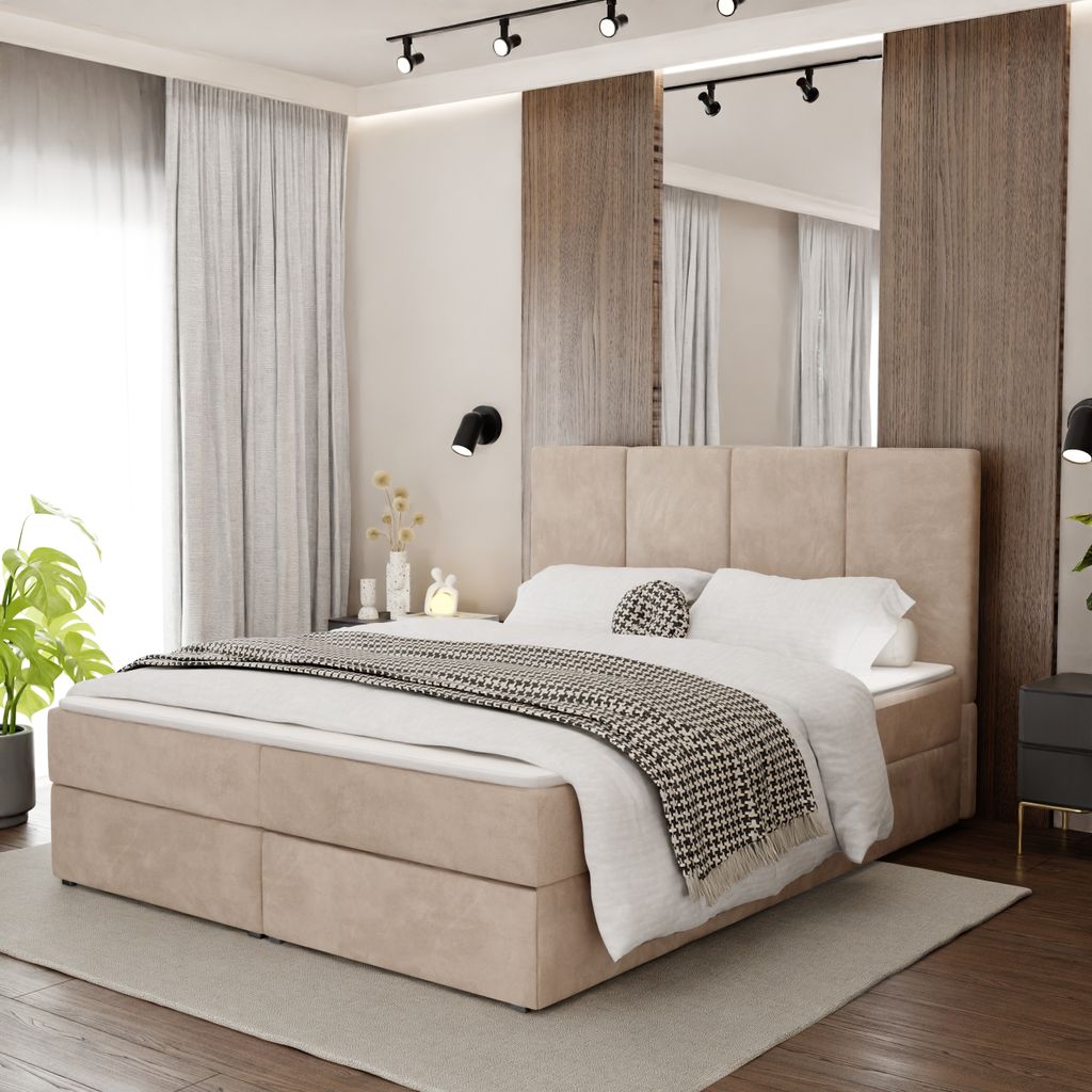 Muralo KONTINENTALBETT für Schlafzimmer Polsterbett mit zwei Bettkasten Bett mit Polsterkopfteil Doppelbett 160x200 Bett mit Stauraum Beige