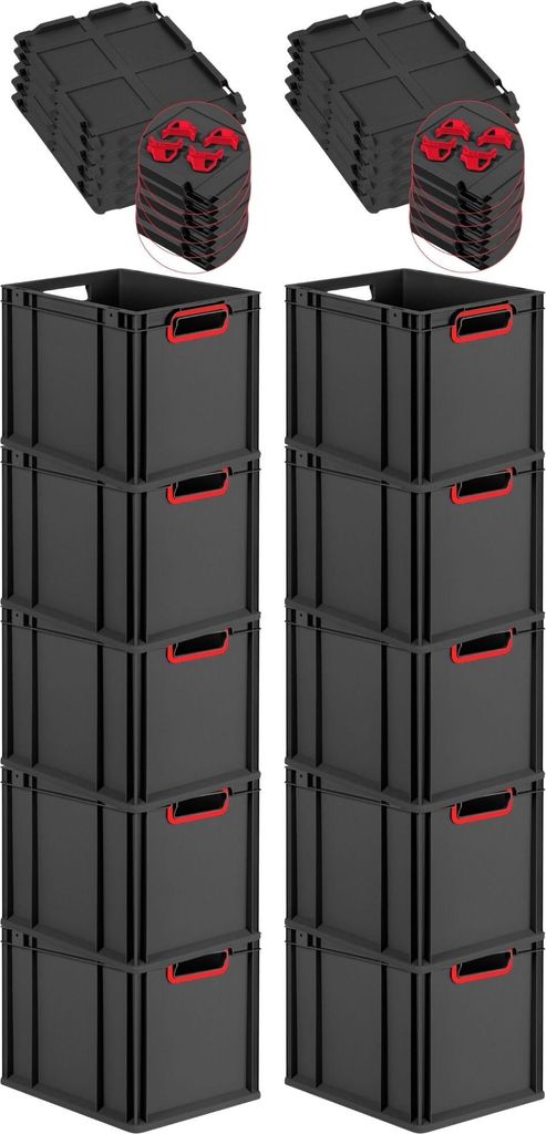 SparSet 10x Eurobox NextGen Color mit Auflagedeckel und Schiebeschnappverschlüsse | HxBxT 32x30x40cm | 30 Liter | Schwarz | Griffe rot offen | Eur...
