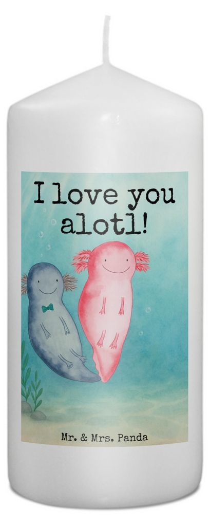 Mr. & Mrs. Panda Kerze Axolotl Liebe Design 15 x 7 cm - Weiß - Geschenk, Freund, Mitbringsel, für Freundin, Stumpenkerze, Bedruckte, Frauen, Erin...