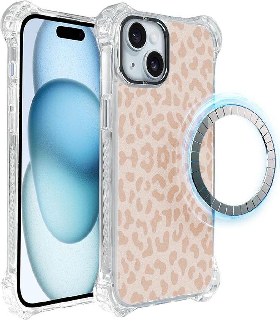 Schutzhülle für das iPhone 15, MagSafe-kompatibel, verstärkte Ecken, transparente Seiten, zartes Leopardenmuster