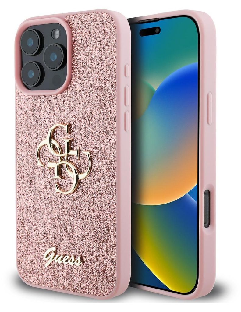 A pink glitter phone case with a gold Guess logo and the word 'Guess' in gold script is shown next to an iPhone.