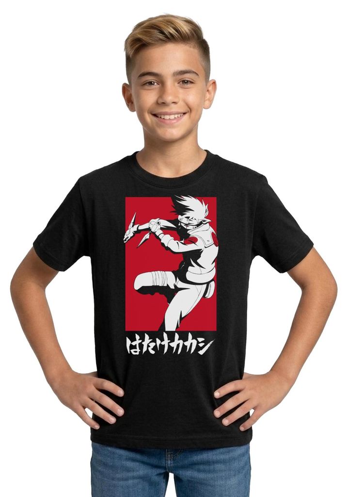 Spreadshirt Naruto Shippuden Cooles Kakashi-Design Teenager T-Shirt, 134/146 (9-11 Jahre), Schwarz